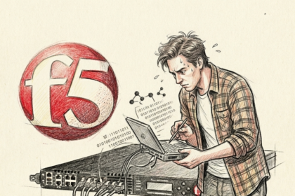 Technician working on server with F5 BIG-IP load balancer, hand-drawn illustration