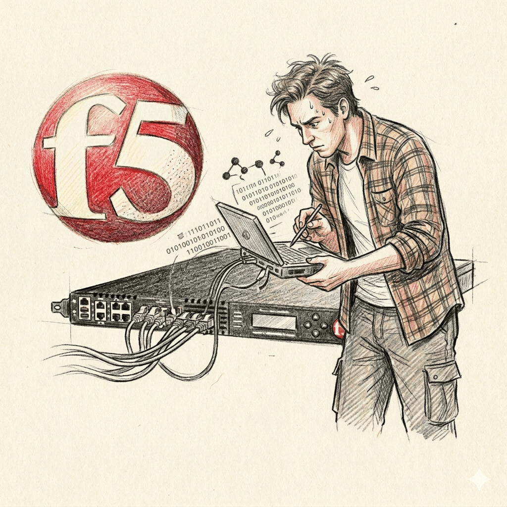 Technician working on server with F5 BIG-IP load balancer, hand-drawn illustration