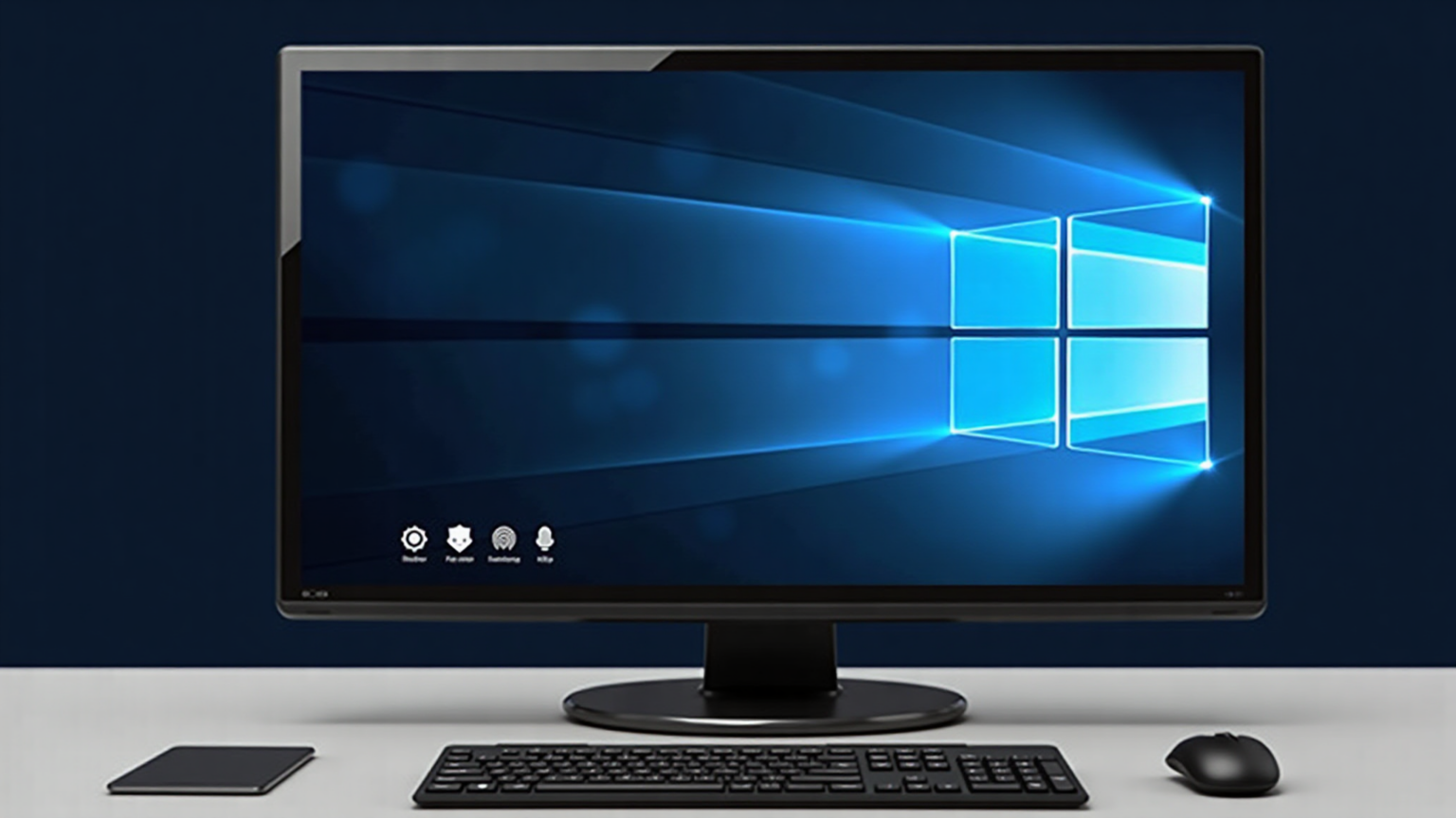 Desktop monitor with Windows logo, gear, shield and fingerprint icons on screen