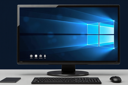 Desktop monitor with Windows logo, gear, shield and fingerprint icons on screen