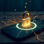 Smartphone on desk with broken padlock and digital tentacles, account hijack concept