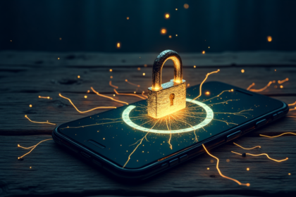Smartphone on desk with broken padlock and digital tentacles, account hijack concept