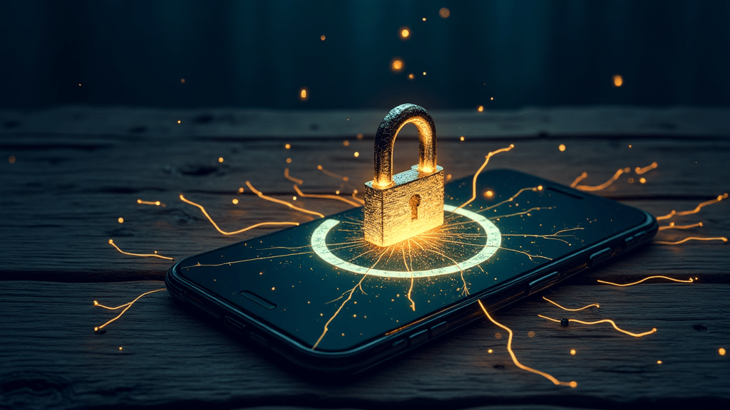 Smartphone on desk with broken padlock and digital tentacles, account hijack concept