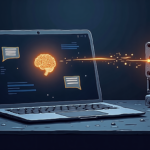 Laptop showing AI brain and chat bubbles connected to crypto mining rig with padlock