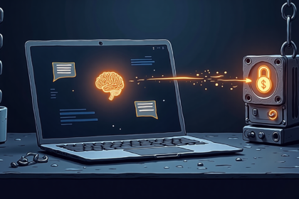 Laptop showing AI brain and chat bubbles connected to crypto mining rig with padlock