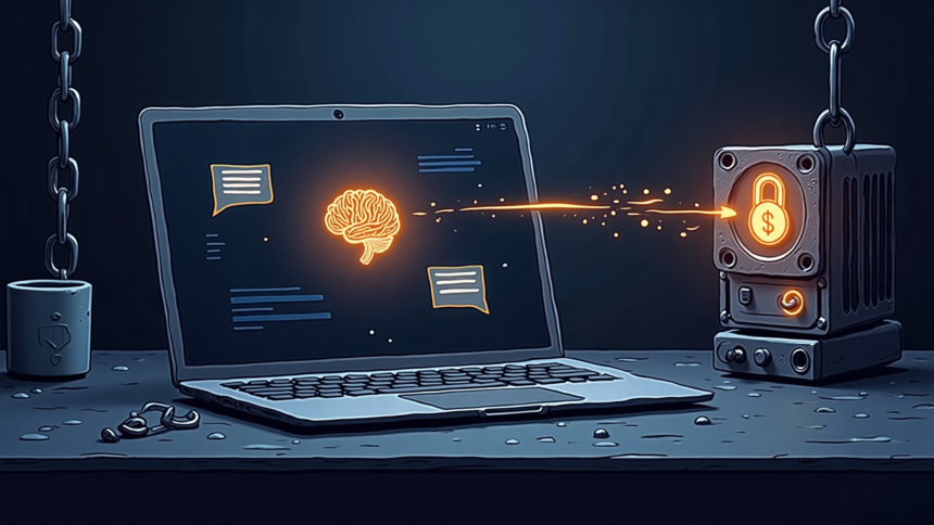 Laptop showing AI brain and chat bubbles connected to crypto mining rig with padlock