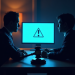 Two figures in suits at desk with gavel and monitor