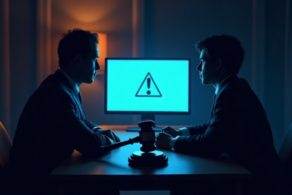 Two figures in suits at desk with gavel and monitor