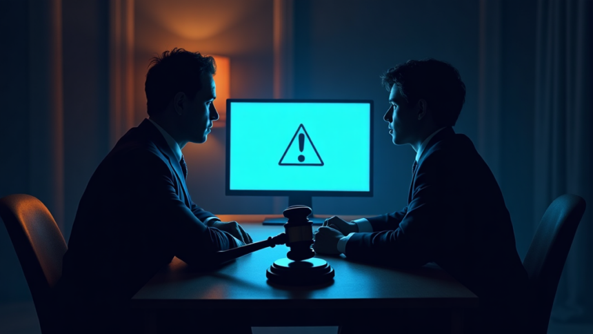 Two figures in suits at desk with gavel and monitor