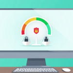 Password strength meter on monitor with shield and balance scale symbol