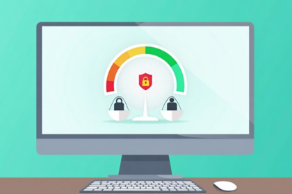 Password strength meter on monitor with shield and balance scale symbol