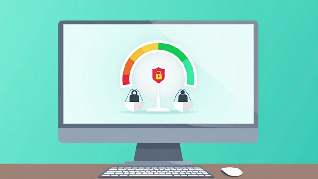 Password strength meter on monitor with shield and balance scale symbol
