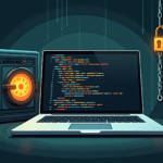 Laptop showing colored code lines with safe vault and padlock, backdoor attack concept