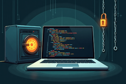 Laptop showing colored code lines with safe vault and padlock, backdoor attack concept
