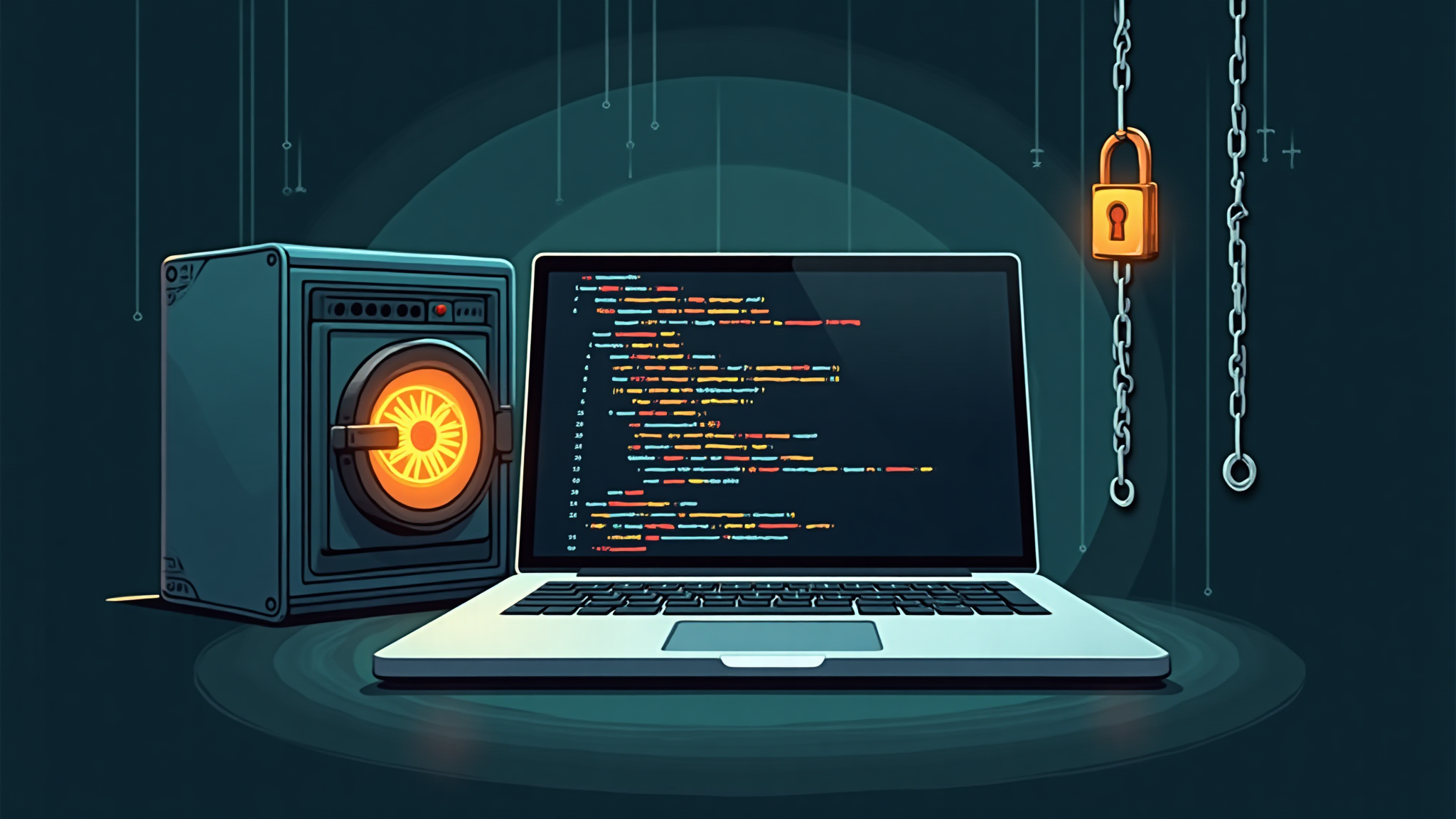 Laptop showing colored code lines with safe vault and padlock, backdoor attack concept