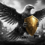 Digital eagle with shield over government building silhouettes