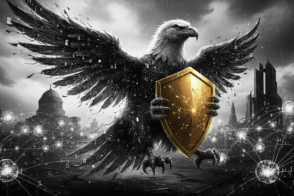 Digital eagle with shield over government building silhouettes