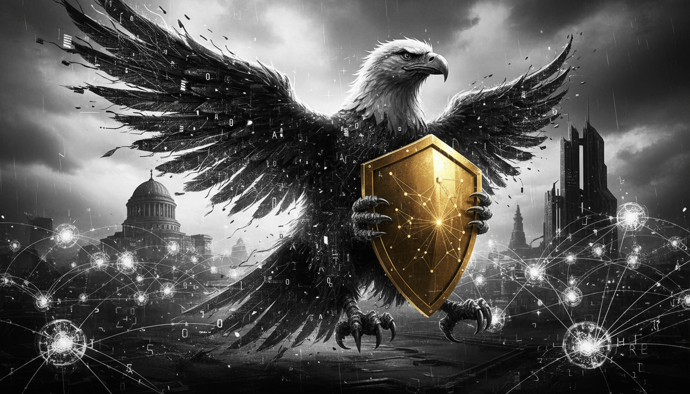 Digital eagle with shield over government building silhouettes