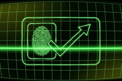 Green CRT illustration of fingerprint scan with verification checkmark