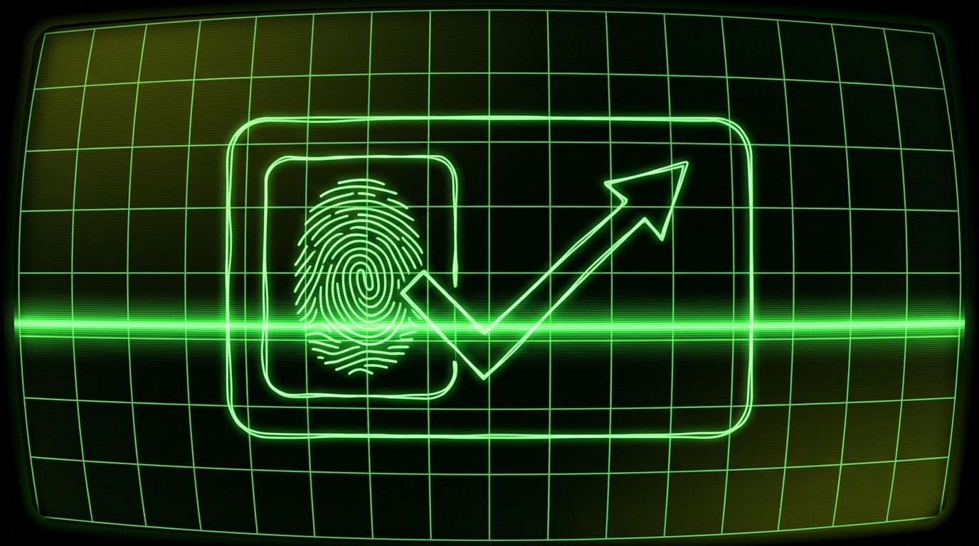 Green CRT illustration of fingerprint scan with verification checkmark