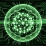 Green CRT illustration of neural core wrapped in hexagonal firewall shell