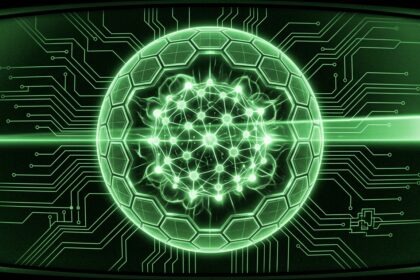 Green CRT illustration of neural core wrapped in hexagonal firewall shell