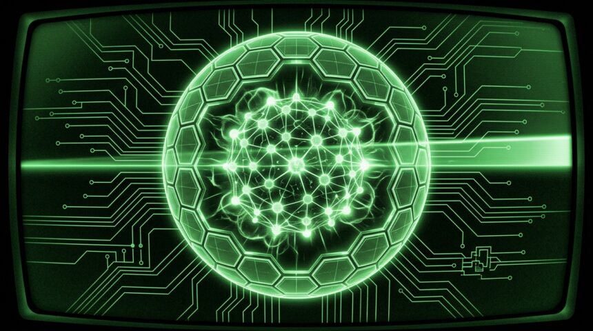 Green CRT illustration of neural core wrapped in hexagonal firewall shell