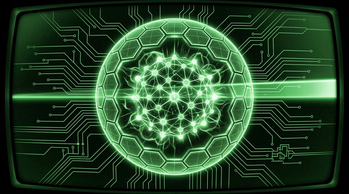 Green CRT illustration of neural core wrapped in hexagonal firewall shell