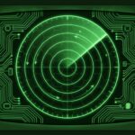 Retro green CRT radar display tracking drone blips with shield grid