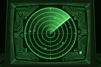 Retro green CRT radar display tracking drone blips with shield grid