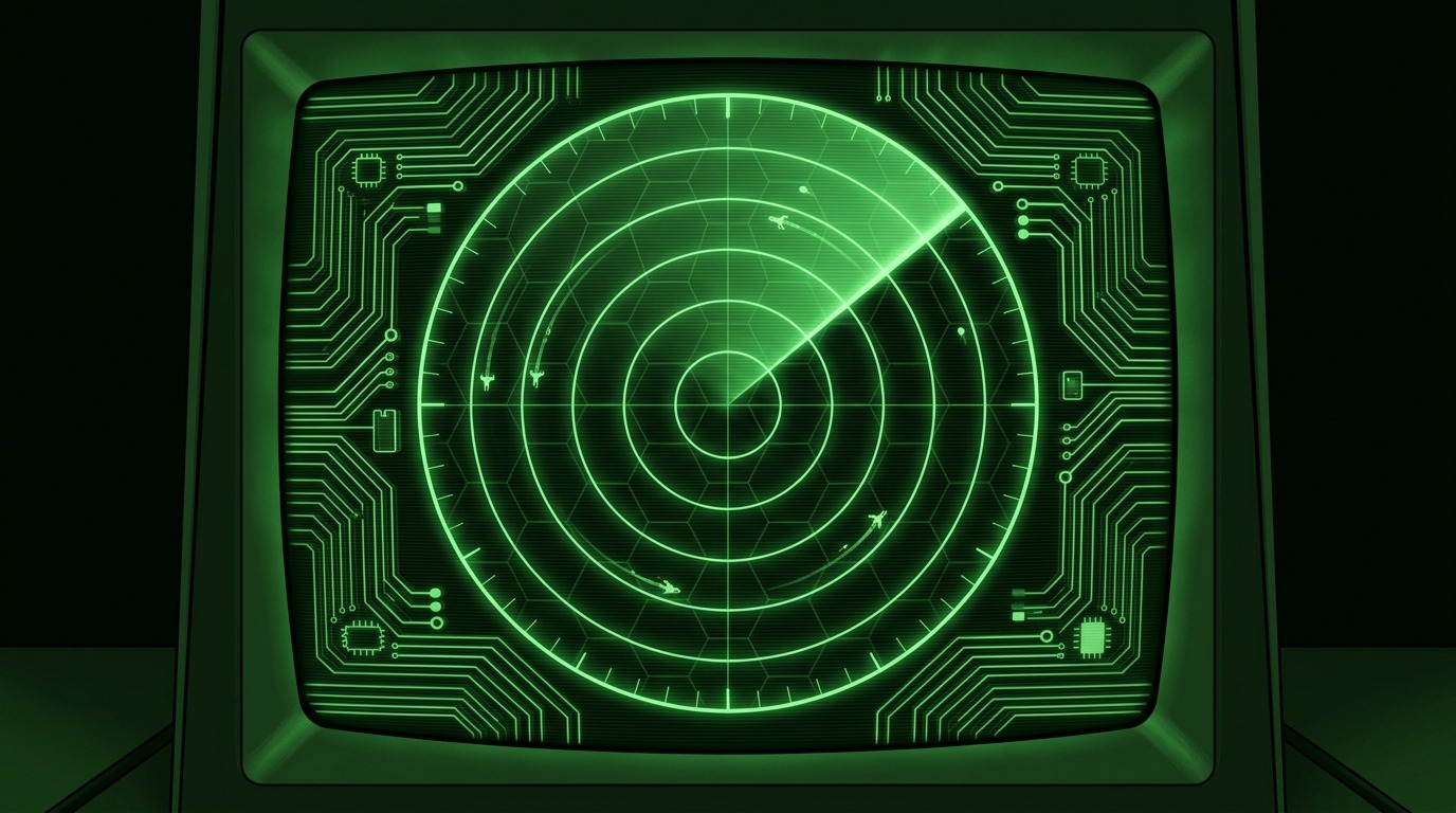 Retro green CRT radar display tracking drone blips with shield grid