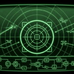 Green CRT tactical display tracking drone silhouettes with targeting reticle
