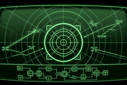Green CRT tactical display tracking drone silhouettes with targeting reticle