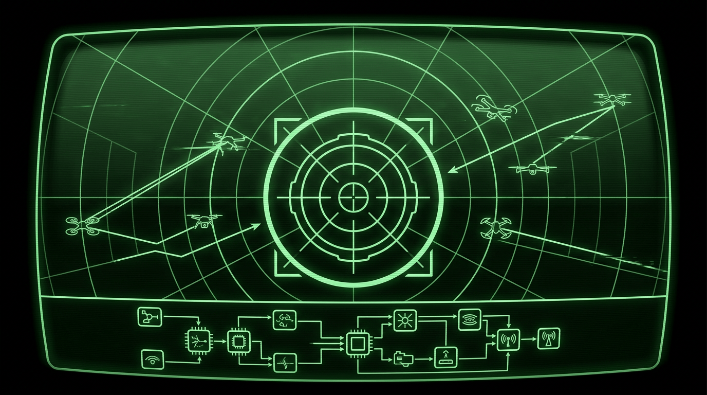 Green CRT tactical display tracking drone silhouettes with targeting reticle