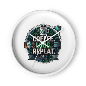 Wall clock: "Coffee. Logs. Repeat."