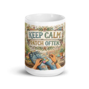 White glossy mug: "Keep Calm. Patch Often."