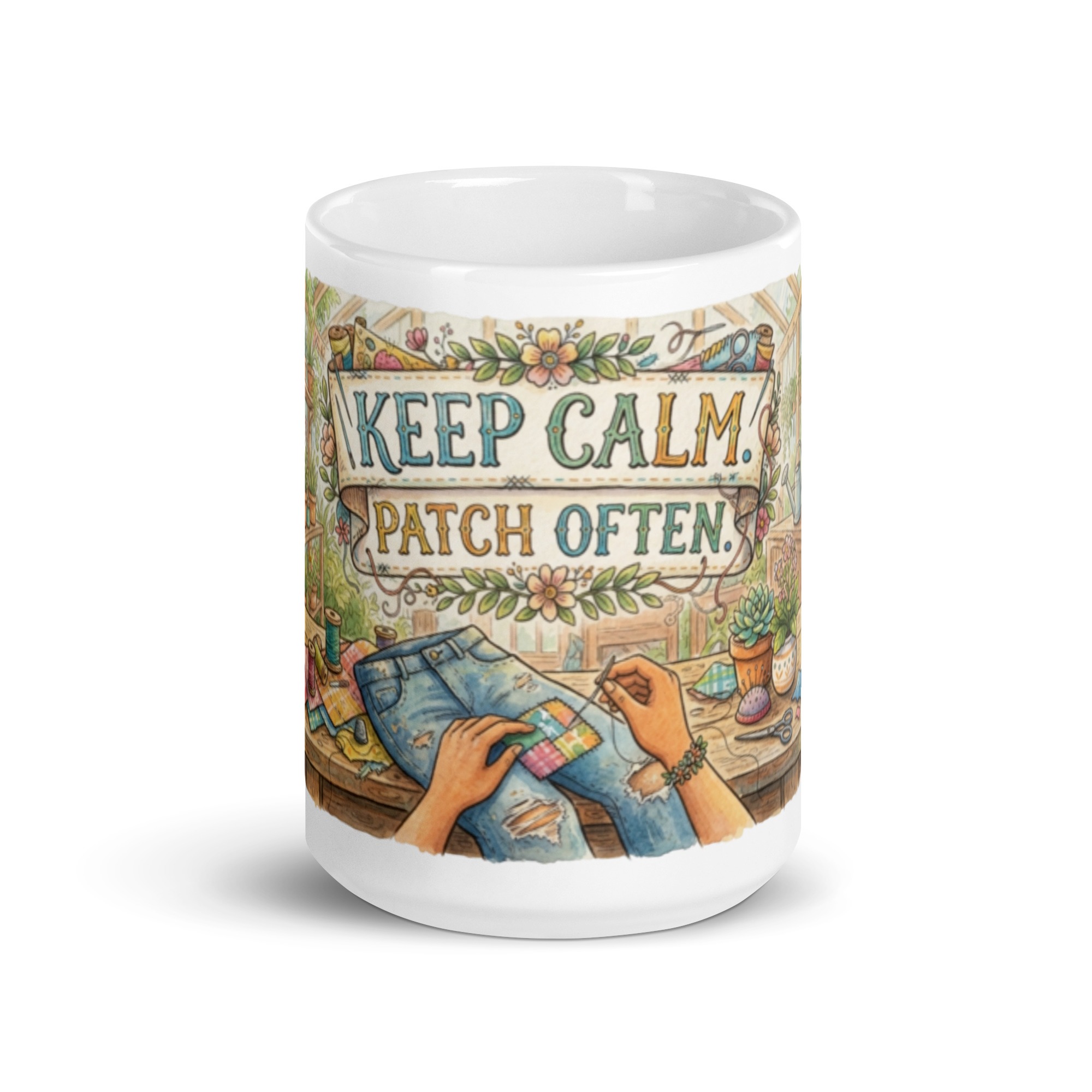 White glossy mug: "Keep Calm. Patch Often."