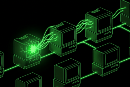 Worm-like ScreenConnect infection spreading between terminal boxes in green CRT style