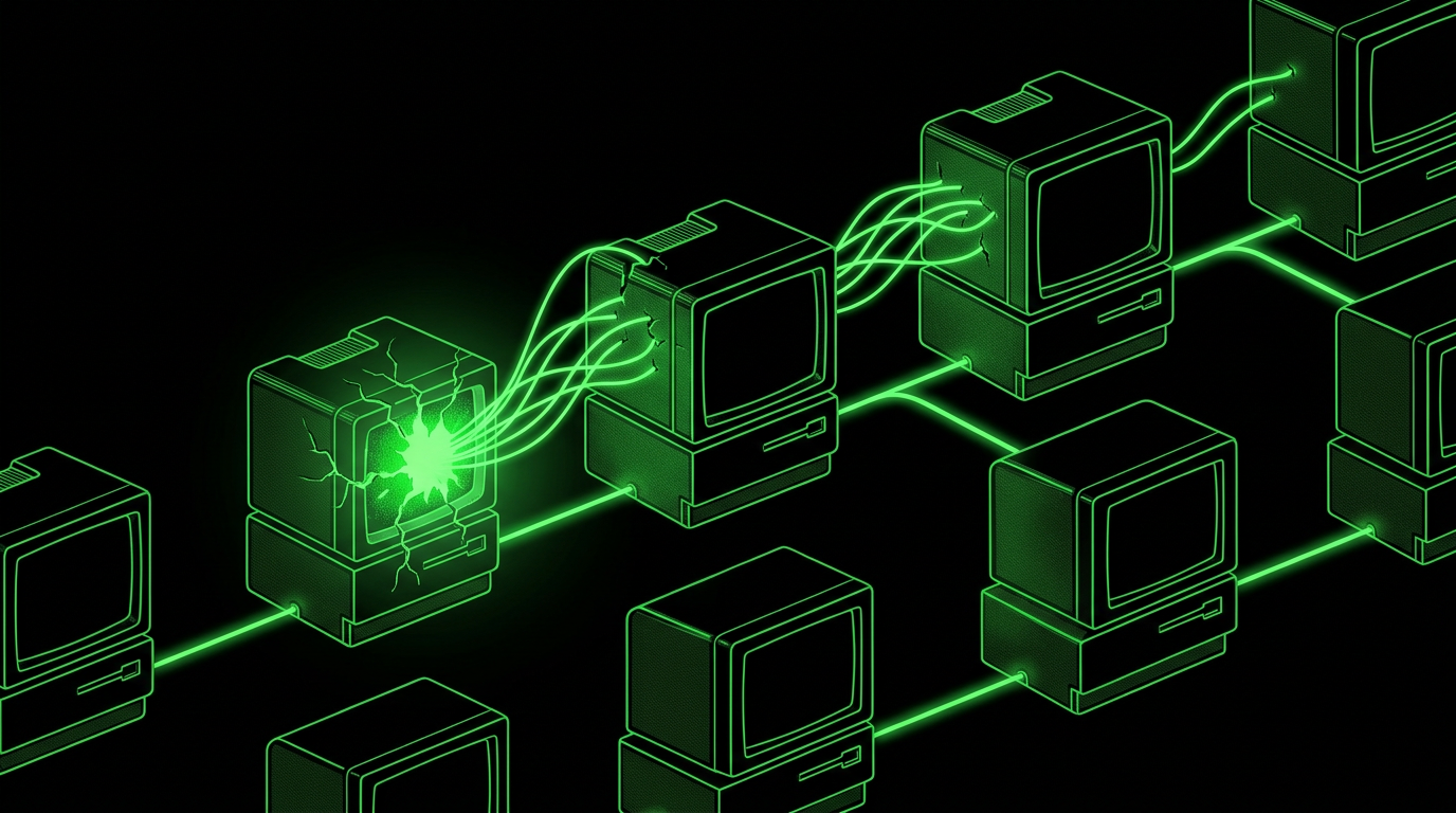 Worm-like ScreenConnect infection spreading between terminal boxes in green CRT style