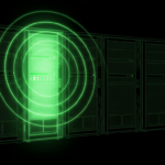 Server rack with one glowing unit radiating alert rings, N-central hotfix scene