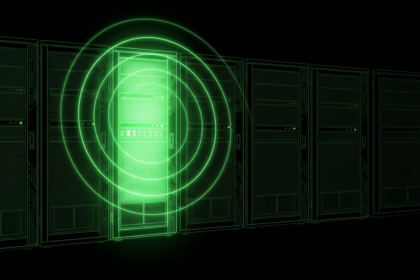 Server rack with one glowing unit radiating alert rings, N-central hotfix scene