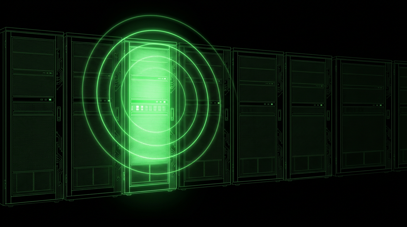 Server rack with one glowing unit radiating alert rings, N-central hotfix scene