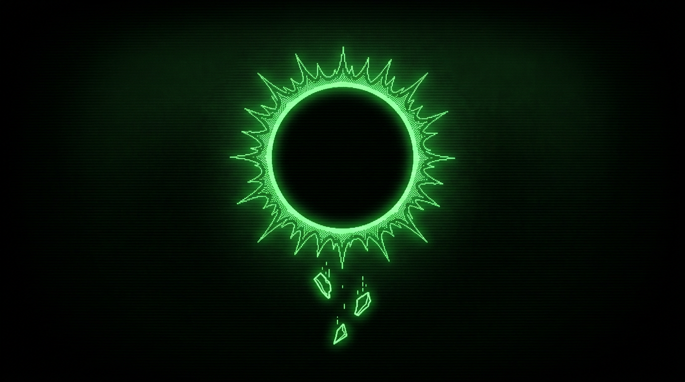 Eclipse disc with three falling shards representing fresh zero-day exploits