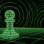 Monochrome green illustration of a brick-built chess piece broadcasting signal rings to a distant dish