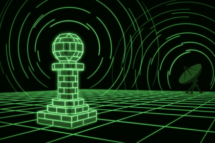 Monochrome green illustration of a brick-built chess piece broadcasting signal rings to a distant dish