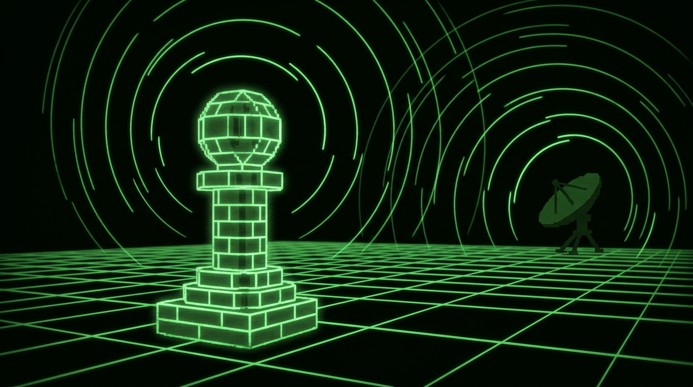 Monochrome green illustration of a brick-built chess piece broadcasting signal rings to a distant dish