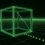 Monochrome green illustration of a hollow cube with a cracked side and a trail of markers