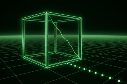 Monochrome green illustration of a hollow cube with a cracked side and a trail of markers