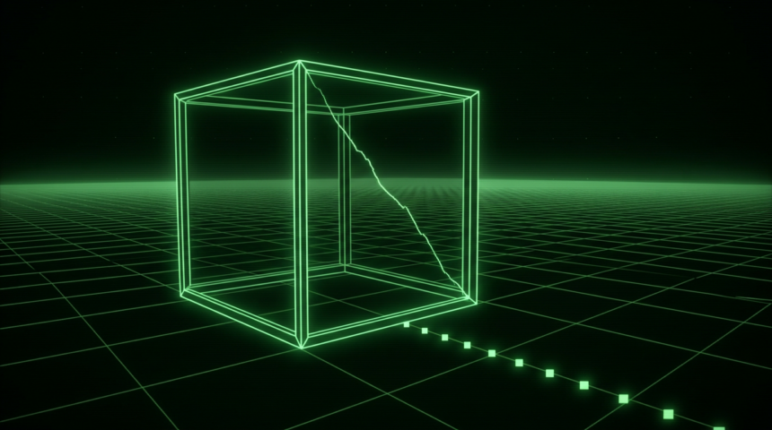 Monochrome green illustration of a hollow cube with a cracked side and a trail of markers
