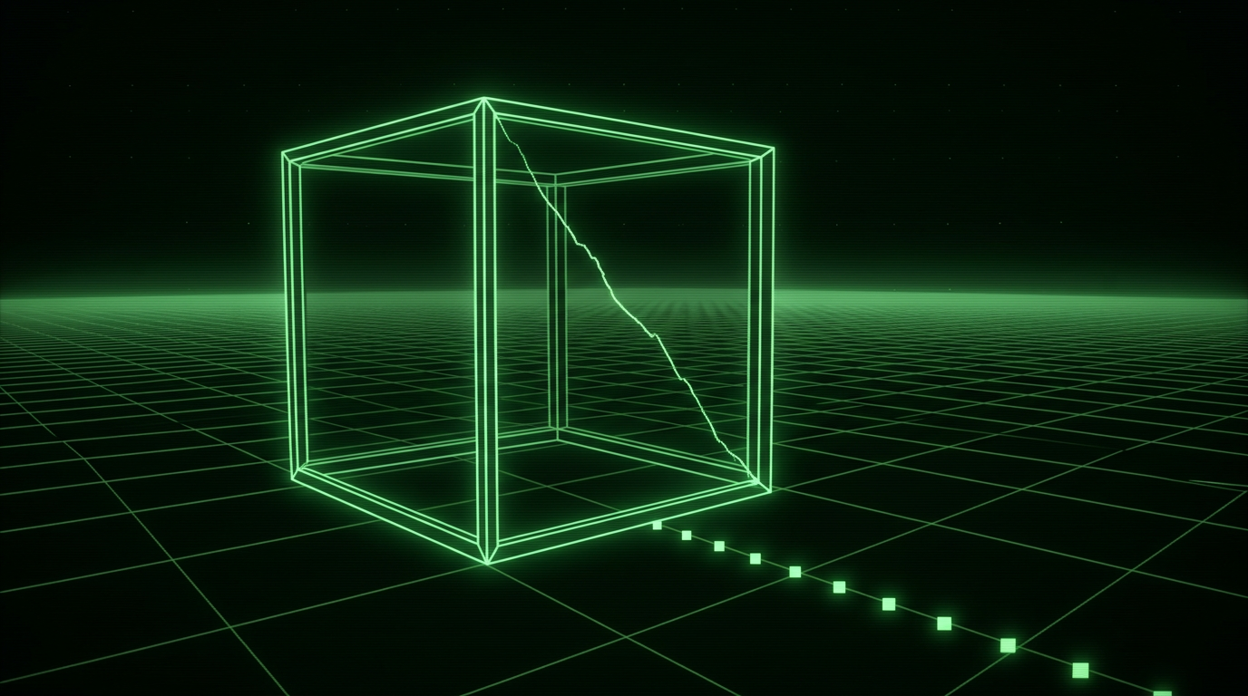 Monochrome green illustration of a hollow cube with a cracked side and a trail of markers
